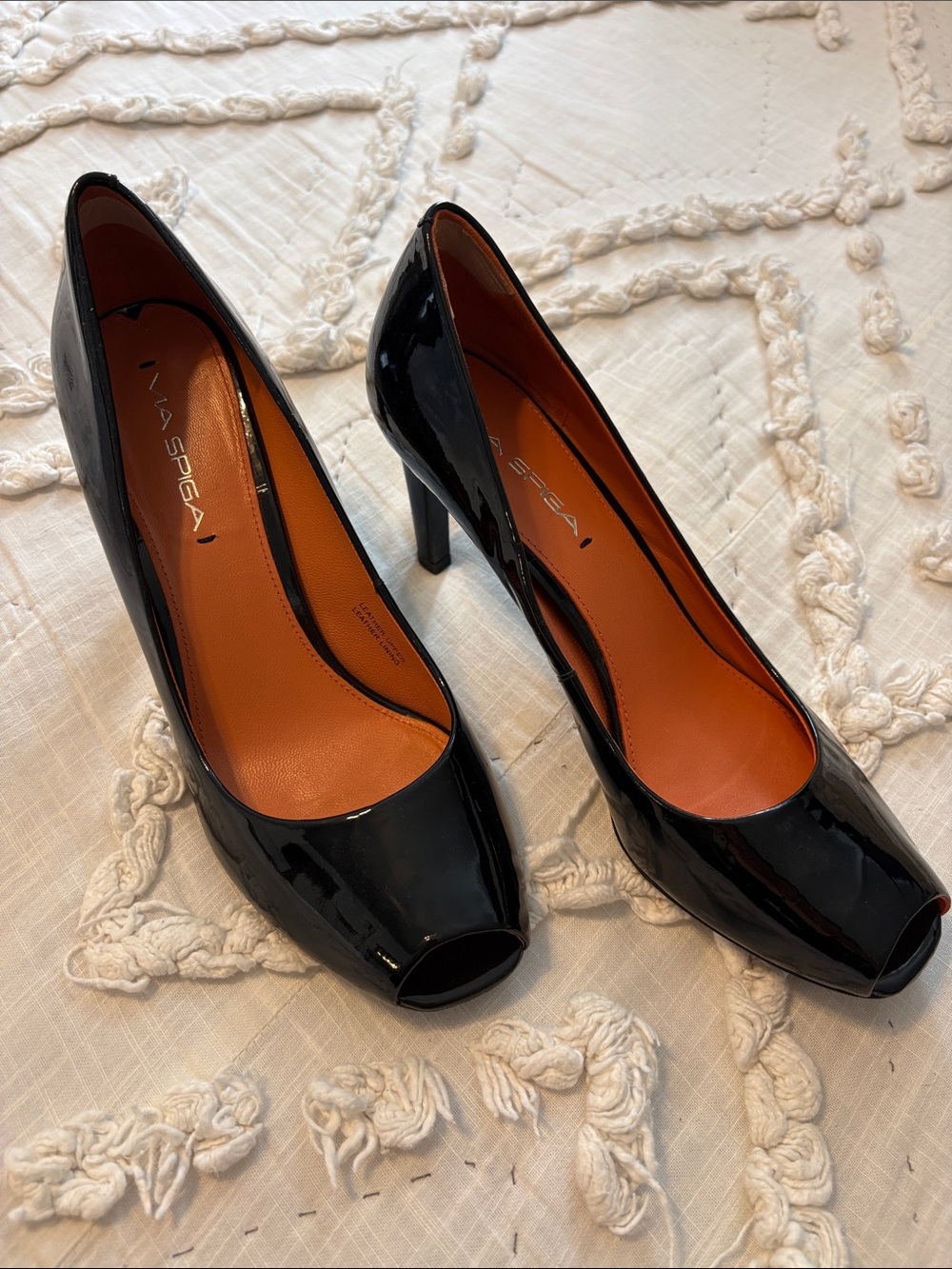 Via Spiga Black Patent Peep-Toe Pumps